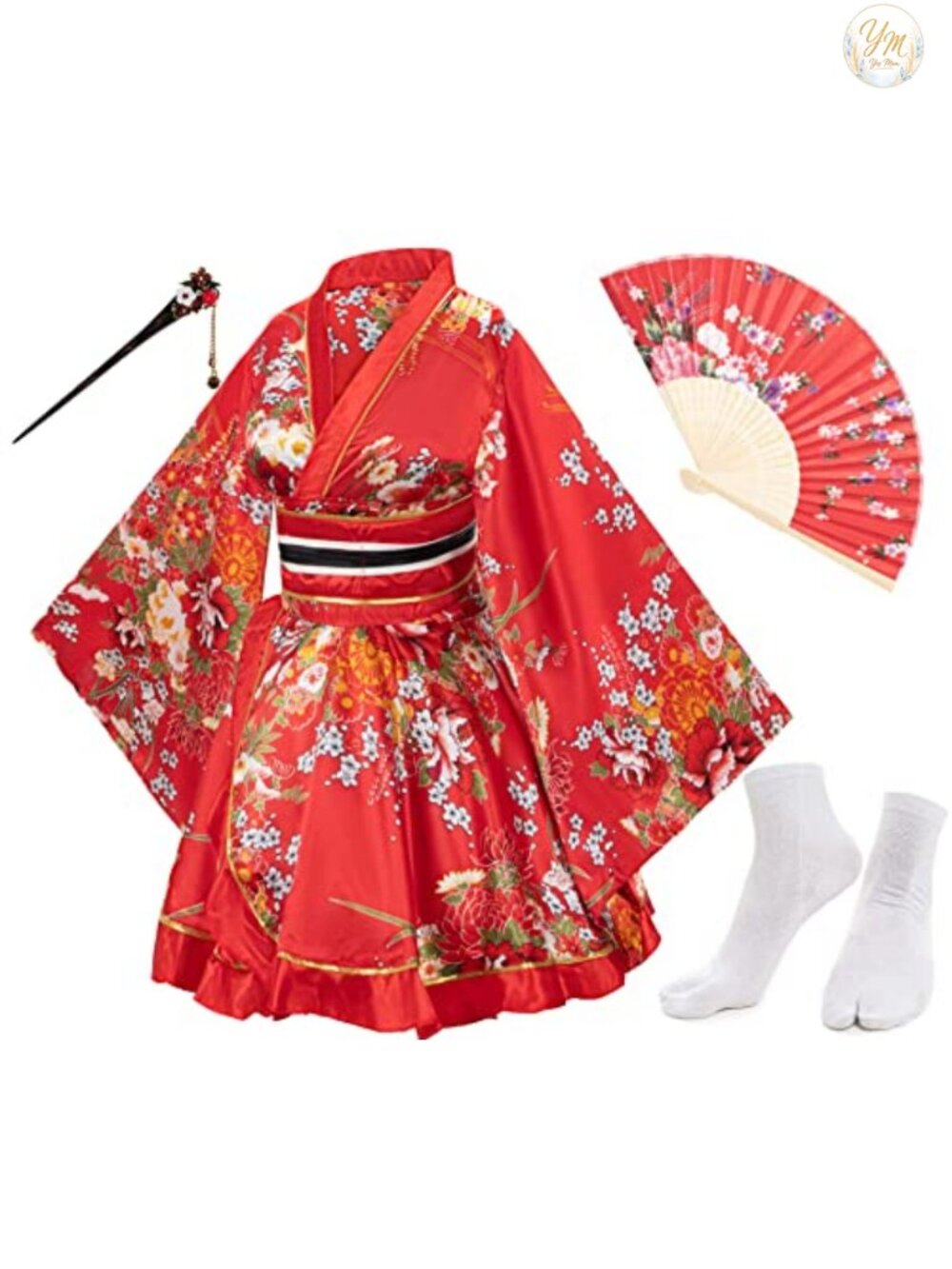 Japanese Anime Yukata Kimono Robe Set with Fan, Tabi Socks & Hairstick, Satin